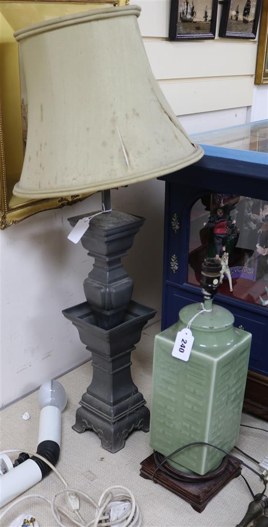 A Chinese pewter lamp base and a Chinese celadon glazed lamp base